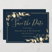 Trouwkaart Navy Goud Eucalyptus Save The Date (Voorkant / Achterkant)