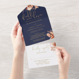 Trouwkaart Navy Goud Verliefd Worden Bloemendetail All In One Uitnodiging