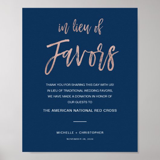 Trouwkaart Navy & Roze Goud In Lieu Of Favors Poster (Voorkant)