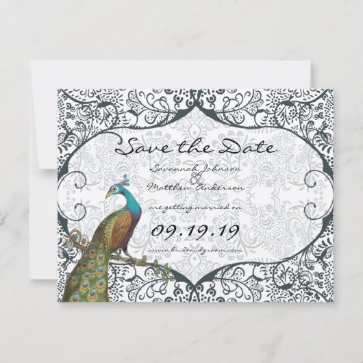 Trouwkaart Navy Whimsical Pauw Liefdesvogel Save t Save The Date (Voorkant)