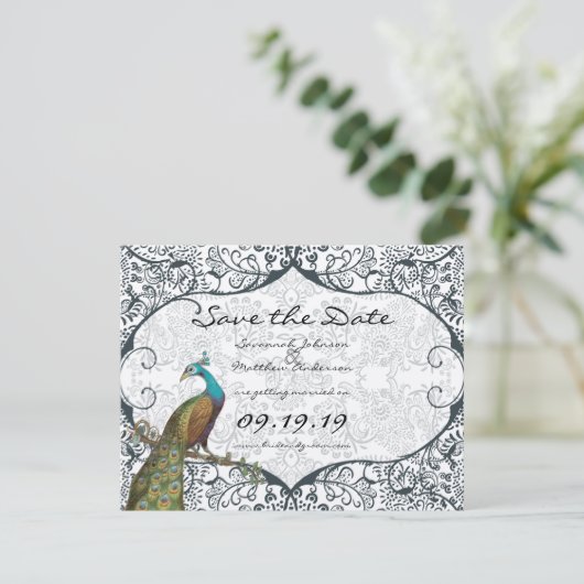 Trouwkaart Navy Whimsical Pauw Liefdesvogel Save t Save The Date (Staand voorkant)