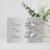 Trouwkaart nep zilveren pailletten strik save the save the date (Staand voorkant)