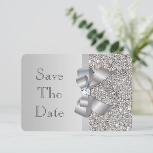 Trouwkaart nep zilveren pailletten strik save the  save the date (Staand voorkant)