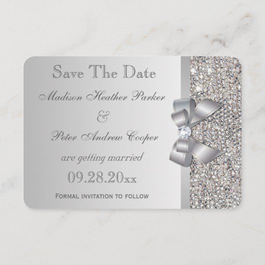 Trouwkaart nep zilveren pailletten strik save the save the date (Achterkant)