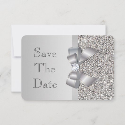 Trouwkaart nep zilveren pailletten strik save the  save the date (Voorkant)