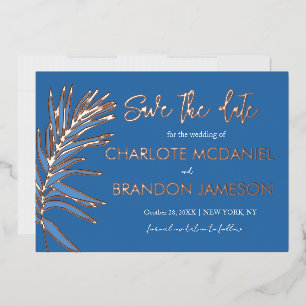 Trouwkaart Ocean Blauw Palmblad Save The Date Folie Uitnodiging