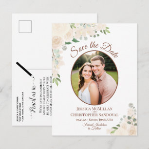 Trouwkaart ovaal foto save the date met roze perzi aankondigingskaart