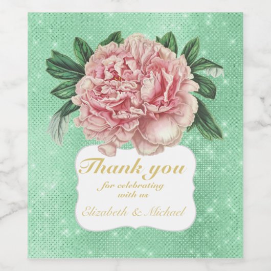 Trouwkaart Proud Mintgroene Roze Gouden Bloem HART Wijn Etiket (Enkel label)