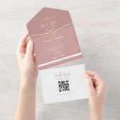 Trouwkaart QR Code Stof Roze All In One Uitnodiging (Afscheurbaar)