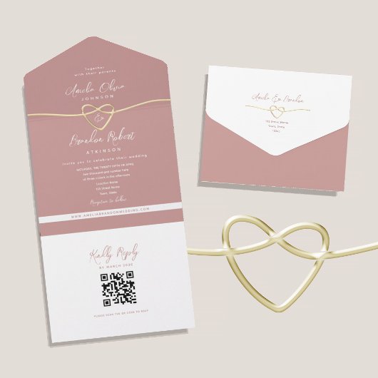Trouwkaart QR Code Stof Roze All In One Uitnodiging
