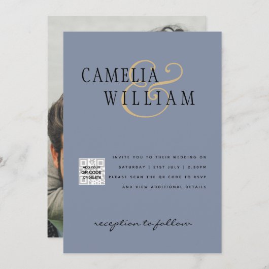 Trouwkaart QRCode RSVP Stof Blauw Kaart (Voorkant / Achterkant)