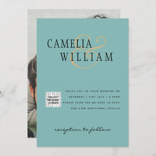 Trouwkaart QRCode RSVP zeeglas turquoise Kaart (Voorkant / Achterkant)