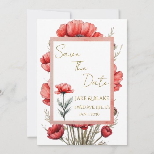 Trouwkaart Rode Bloemen Kaart (Voorkant)