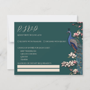 Trouwkaart RSVP met turkoois pauwen en magnolia Kaartje