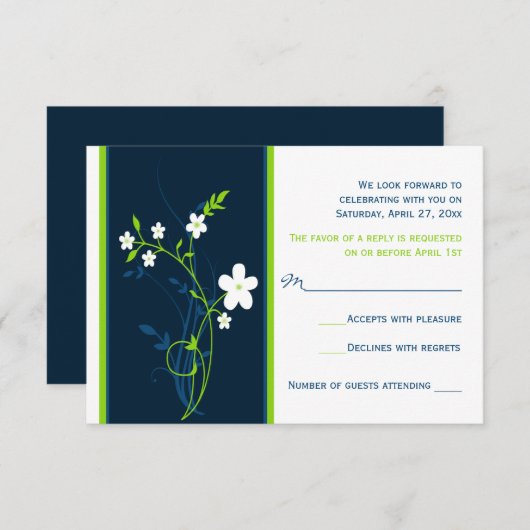 Trouwkaart RSVP Navy, Lime, Witte Bloemen Kaart (Voorkant / Achterkant)