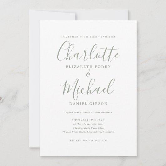 Trouwkaart Sage Green Signature Script Kaart (Voorkant)
