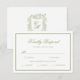 Trouwkaart Sage Groene Monogram Crest RSVP Informatiekaartje