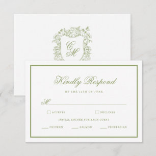 Trouwkaart Sage Groene Monogram Crest RSVP Informatiekaartje