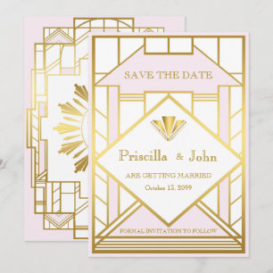 Trouwkaart 'Save the Date', Great Gatsby, witgoud Kaart