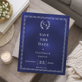Trouwkaart 'Save the Date' met navyblauw monogram