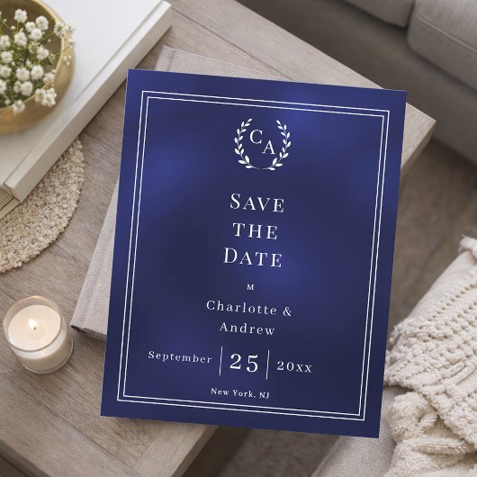 Trouwkaart 'Save the Date' met navyblauw monogram