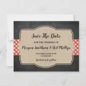 Trouwkaart Save The Date Rood Gingham Burlap BBQ (Voorkant)