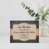 Trouwkaart Save The Date Rood Gingham Burlap BBQ (Staand voorkant)