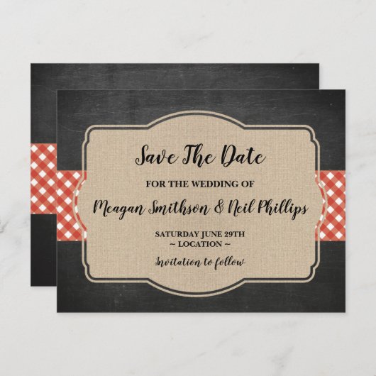 Trouwkaart Save The Date Rood Gingham Burlap BBQ (Voorkant / Achterkant)