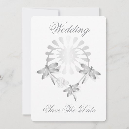 Trouwkaart Save The Date Zilver Libellen (Voorkant)