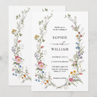 Trouwkaart sjabloon met wilde bloemen, afdrukbaar kaart