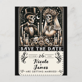 Trouwkaart skeletten bruid bruidegom save the date aankondigingskaart