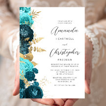 Trouwkaart Teal Aqua Bloem Goud Schrift