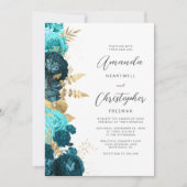 Trouwkaart Teal Aqua Bloem Goud Schrift Kaart (Voorkant)