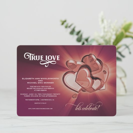 Trouwkaart True Love Rose Gold Hearts Aankondiging (Staand voorkant)