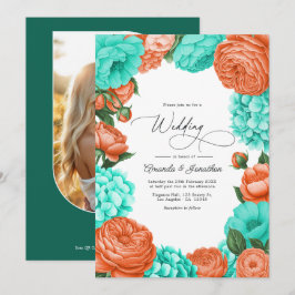 Trouwkaart Turquoise & Koraal Bloemen Kaart