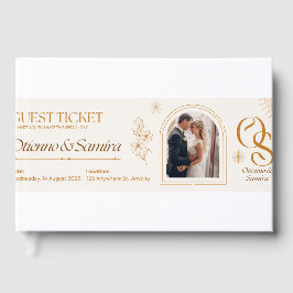 Trouwkaart uitnodiging ticket – Elegant Beige & Gastenboek