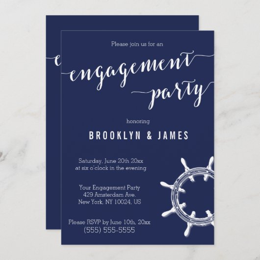 Trouwkaart uitnodigingen in maritiem blauw (Voorkant / Achterkant)