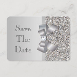 Trouwkaart vals zilverkleurige pailletten strik sa save the date