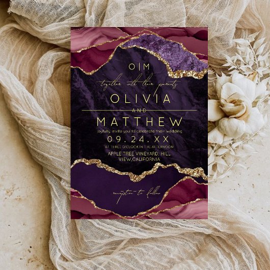 Trouwkaart van Burgundy, Paars & Goud Agaat Kaart
