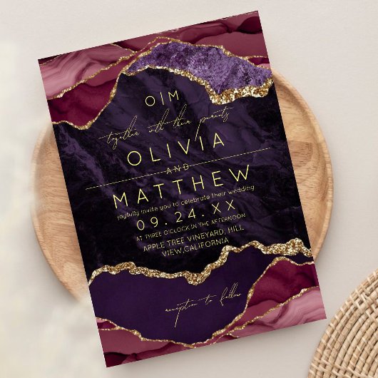 Trouwkaart van Burgundy, Paars & Goud Agaat Kaart