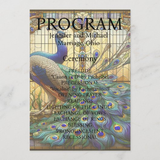 Trouwkaart van glas-in-lood met pauw Programma Programmakaart (Voorkant)