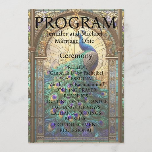 Trouwkaart van glas-in-lood met pauw Programma Programmakaart (Voorkant)
