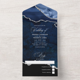 Trouwkaart van Navy Blauw en Zilver Agate Alles in All In One Uitnodiging