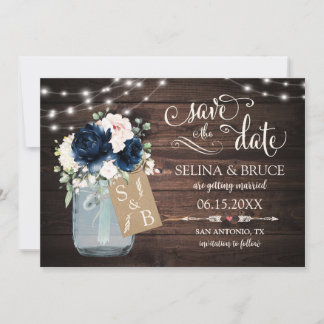 Trouwkaart van Navy Blush Bloemstuk met Rustieke H Kaart