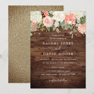 Trouwkaart van roestig hout met bloemen en blush g kaart