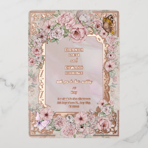 Trouwkaart van vintage roze pioen met folie stempe uitnodiging