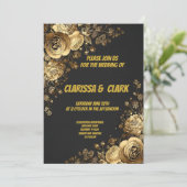 Trouwkaart versierd met gouden bloemen op een blau kaart (Staand voorkant)