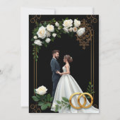 Trouwkaart versierd met gouden bloemen op een blau kaart (Achterkant)