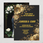 Trouwkaart versierd met gouden bloemen op een blau kaart (Voorkant / Achterkant)