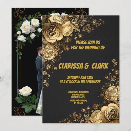 Trouwkaart versierd met gouden bloemen op een blau kaart (Voorkant / Achterkant)